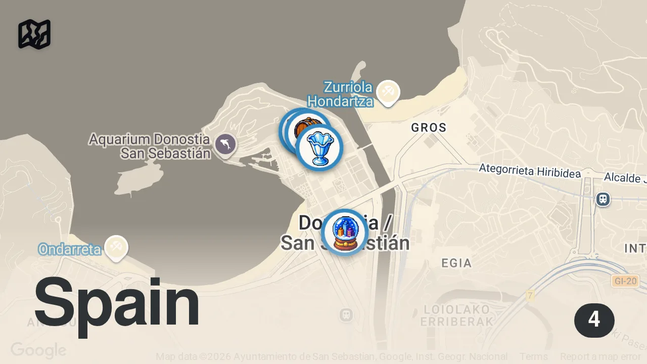 Map of 4 spots from San Sebastian Food Tour - GIANT SCARLET PRAWNS 🦐 + Best Tortilla in Spain!! | Europe Food Paradise