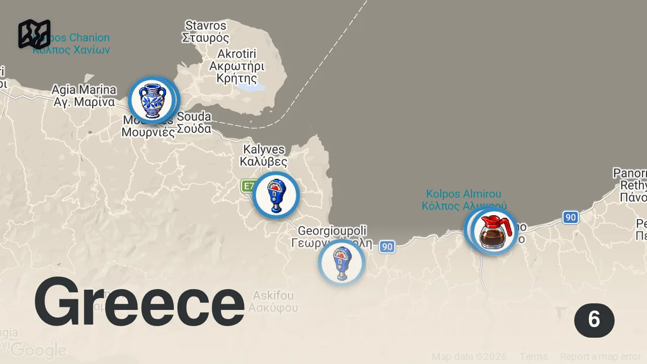 Map of 6 spots from GREEK STREET FOOD across CRETE - Is This The #1 Food in The World?