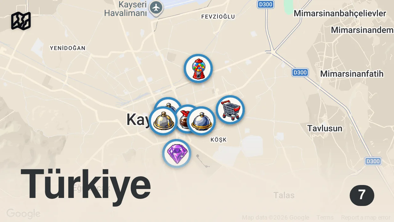 Map of 7 spots from KAYSERİ LEZZET REHBERİ | Mantı, Yağlama, Develi Cıvıklısı, Pöç Tandır
