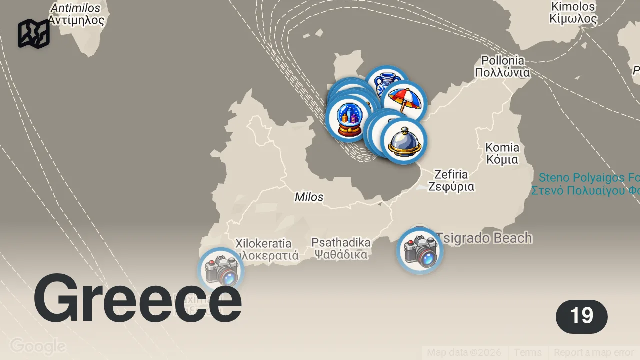 Map of 19 spots from MILOS GREECE VLOG 🧿🌊🐚🇬🇷 | greek island hopping, euro summer, 5 day itinerary