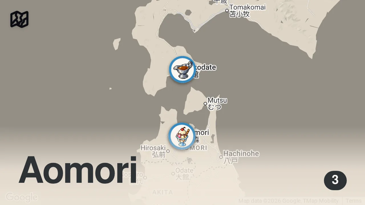 Map of 3 spots from How much I eat in a day to cycle across Japan! 🇯🇵🍛