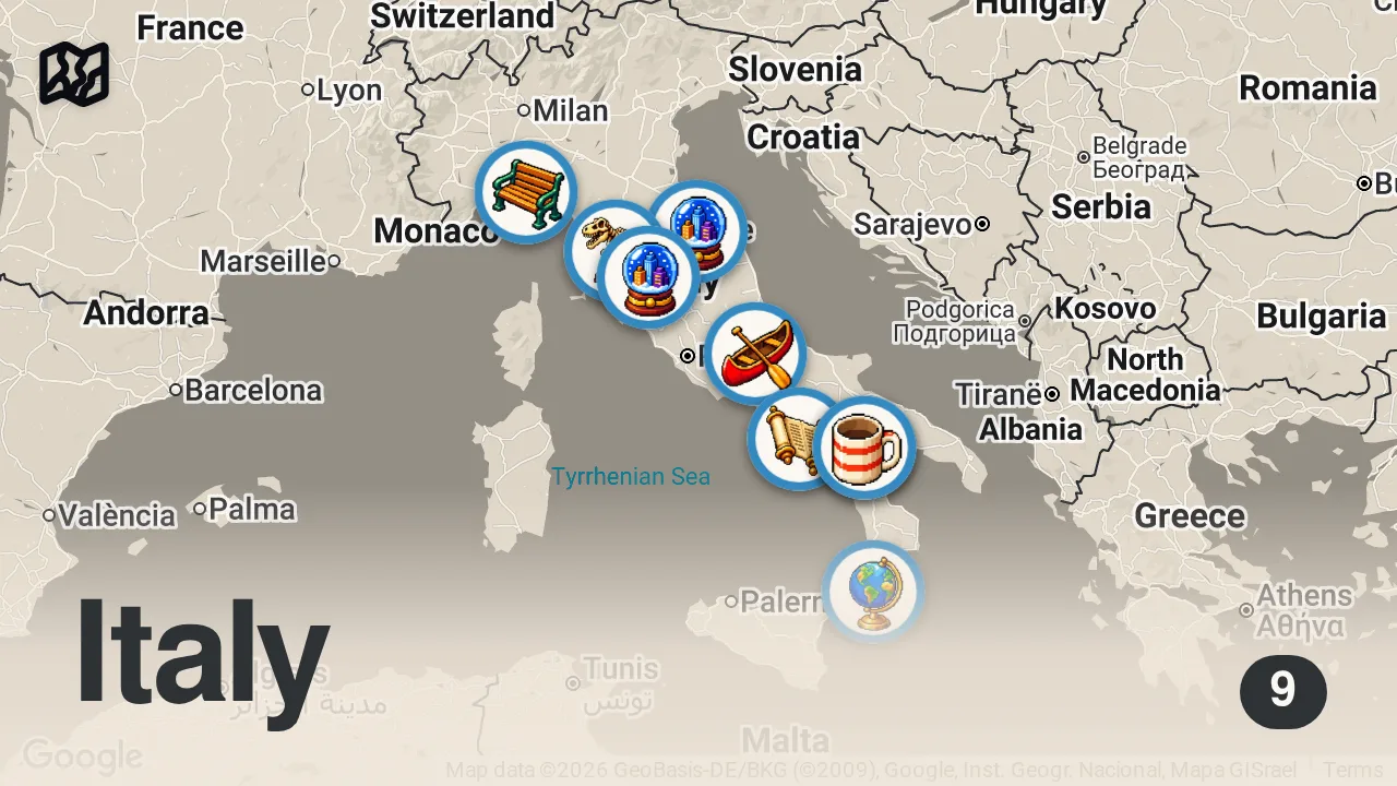 Map of 9 spots from 50 Tra i Borghi più Belli d’Italia | 4K Guida di Viaggio