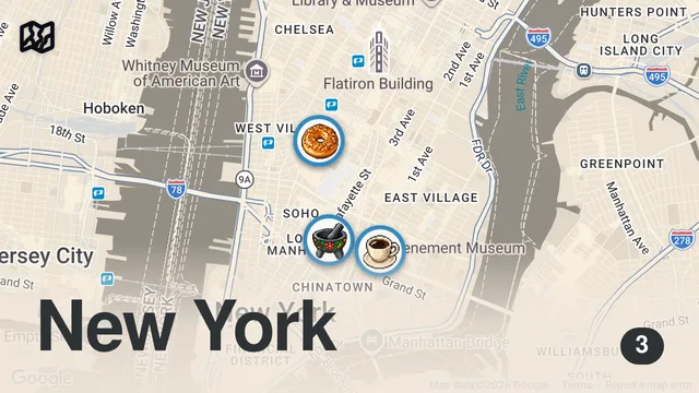 Map of Eating at HYPED UP spots in NEW YORK CITY for a full day!