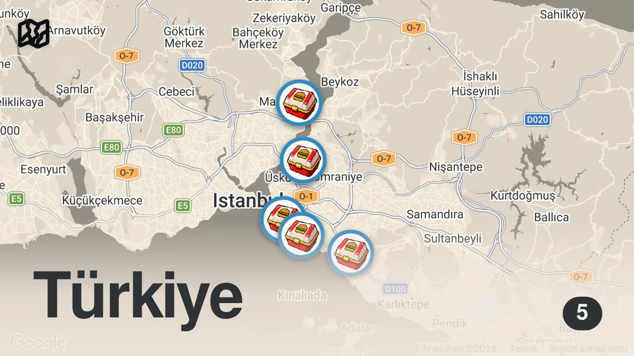 Map of 5 spots from 3 SAATTE 5 BURGER YEDİM | ANADOLU YAKASININ EN İYİ 5 BURGERİ