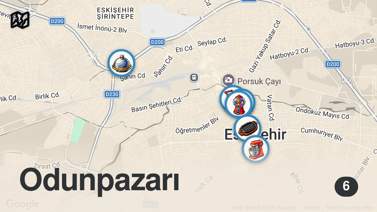 Map of 6 spots from ESKİŞEHİR LEZZET REHBERİ (Çi börek, balaban kebabı, met helva, haluja, boza) - Ayaküstü Lezzetler