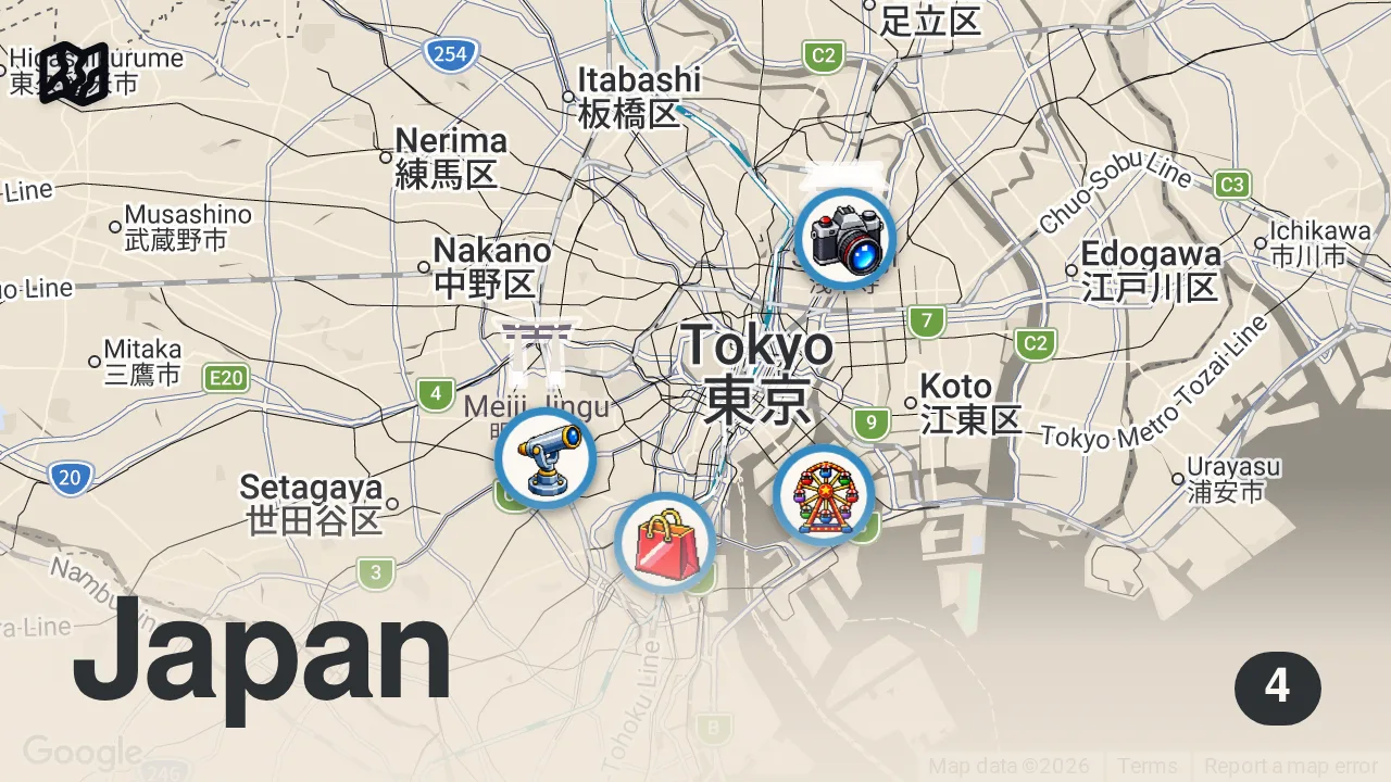 Map of 4 spots from Tokyo's Photo Spots - teamLab Planets | Shibuya Sky | Cherry Blossom & more