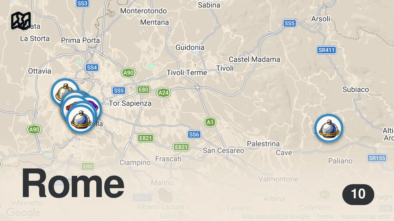 Map of 10 spots from Migliori ristoranti Roma 2026: dove mangiare davvero bene