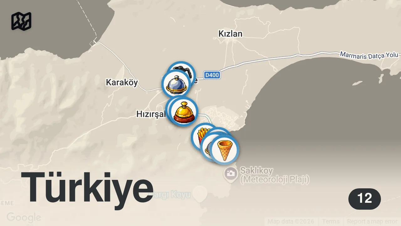 Map of 12 spots from MUĞLA DATÇA’DA NE YENİR!!!