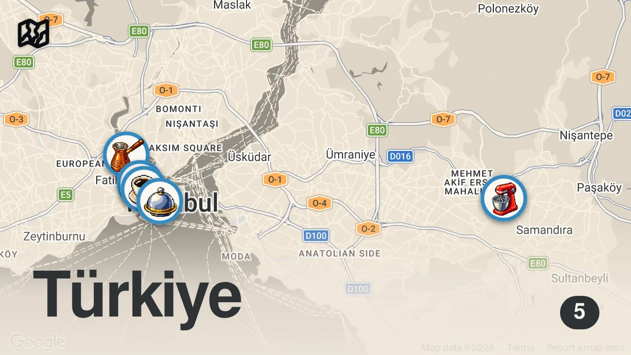 Map of 5 spots from ISTANBUL FOOD HEAVEN - Pistachio kebab + UNDERGROUND roasted lamb + Street food in TURKEY