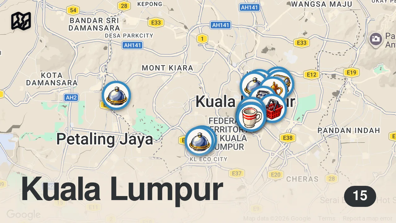 Map of 15 spots from YOU NEED TO TRY THIS FOOD! Best Restaurants in Kuala Lumpur, Malaysia!