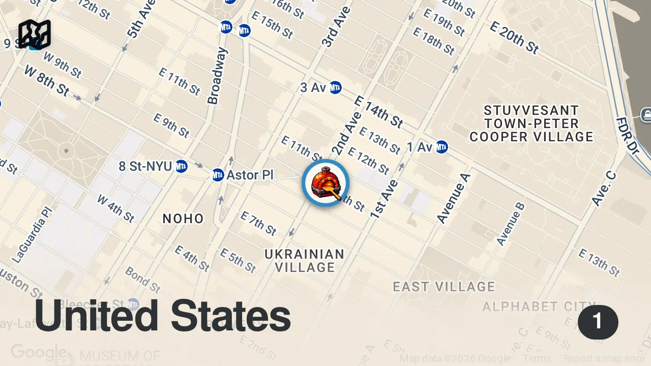 Map of 1 spot from PEPPERONI & CHEESE STUFFED-CRUST VODKA SICILIAN PIZZA from Marinara Pizza NYC! 🤣🤤🔥 #DEVOURPOWER