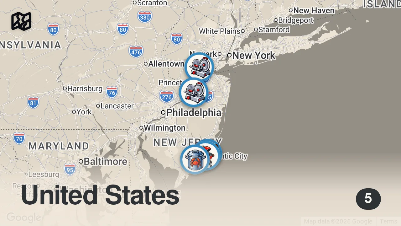 Map of 5 spots from Top 5 #DDD Videos in New Jersey with Guy Fieri | Diners, Drive-Ins and Dives | Food Network