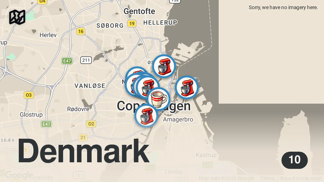 Map of 10 spots from Top 10 Best Bakeries In Copenhagen (Denmark) 🇩🇰